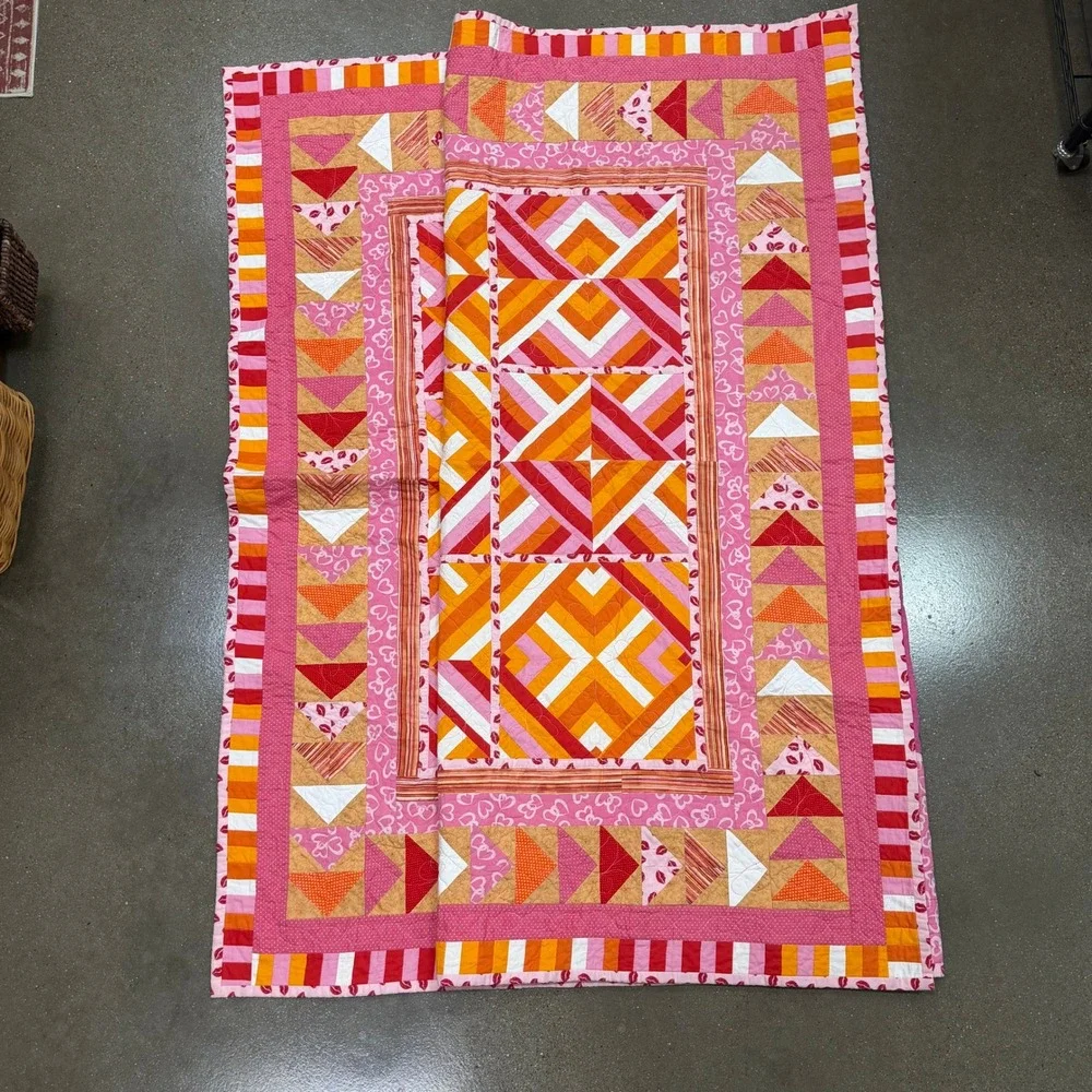 Y2K Style Handmade Twin Quilt Pink Orange Red Flying Geese Hearts 60x96
